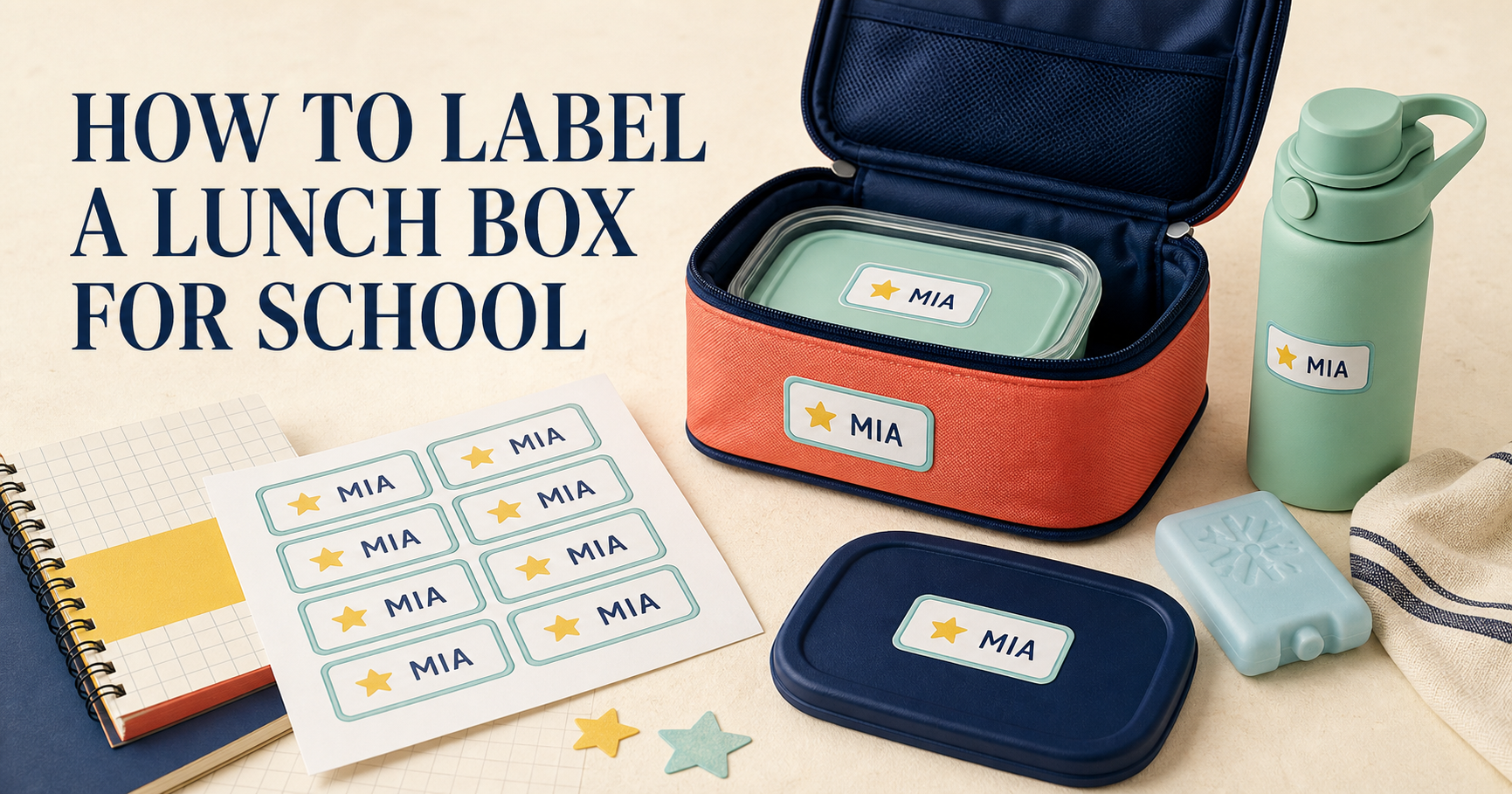 School lunch box, containers, and bottle with matching printable name labels