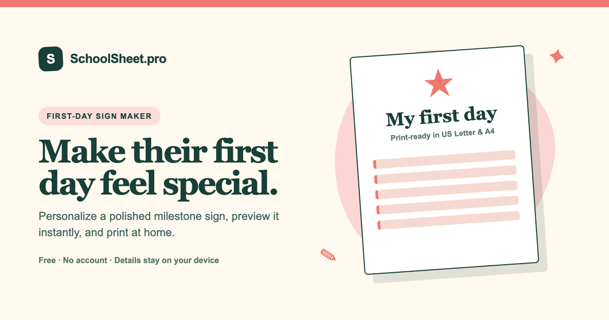 SchoolSheet editable first-day-of-school sign with personalized name, grade, date, and favorites