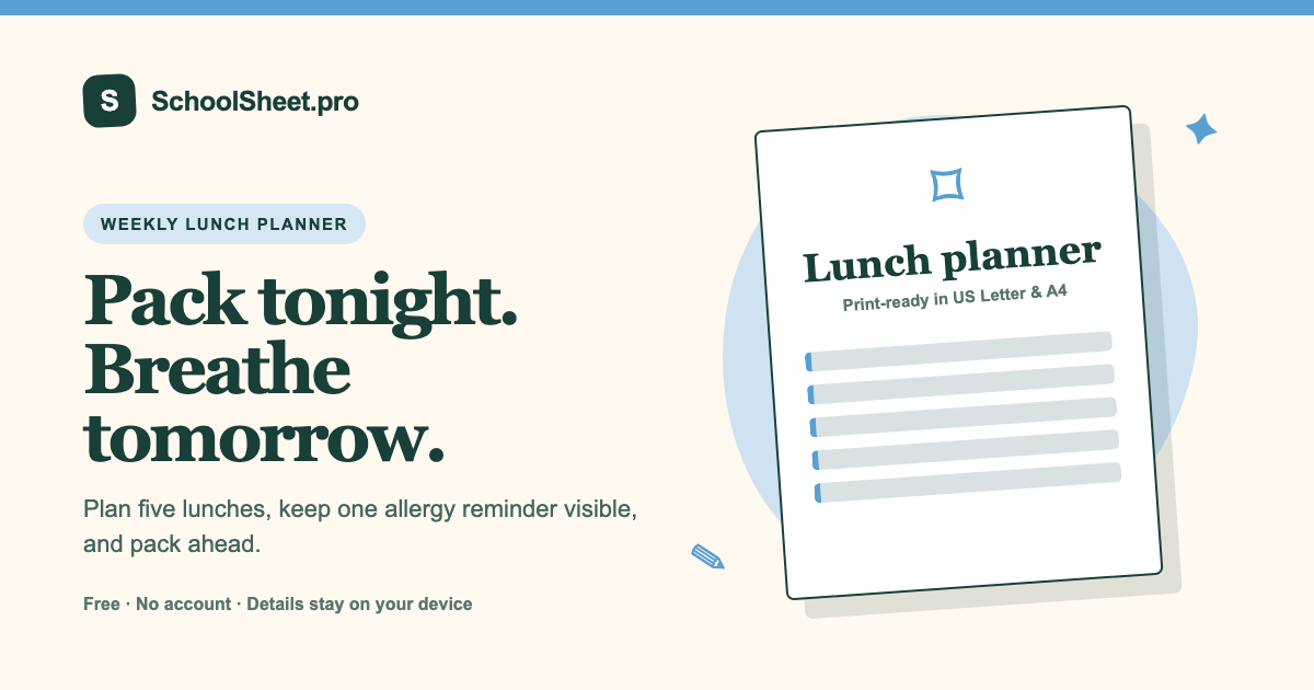 SchoolSheet printable five-day school lunch planner with meal fields and a packing checklist