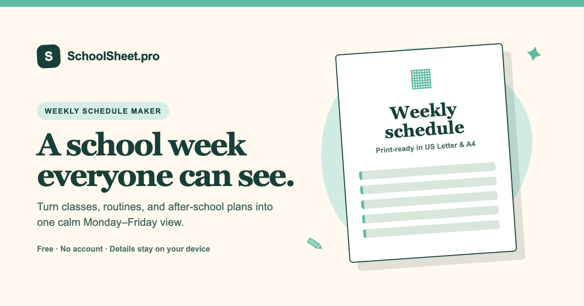 SchoolSheet printable Monday-to-Friday school schedule with editable subjects, times, and after-school plans